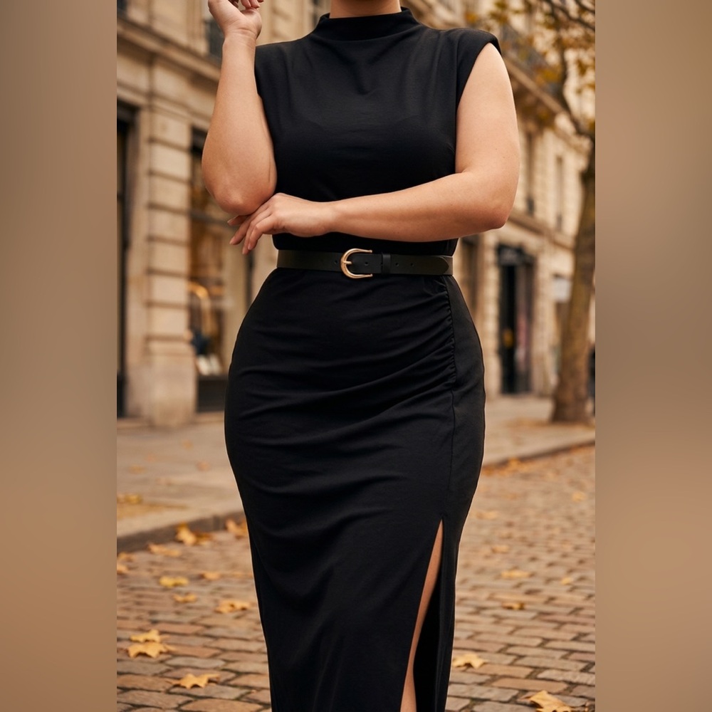 #130 Classy Lady Black Midi Dress with Belt 🎀